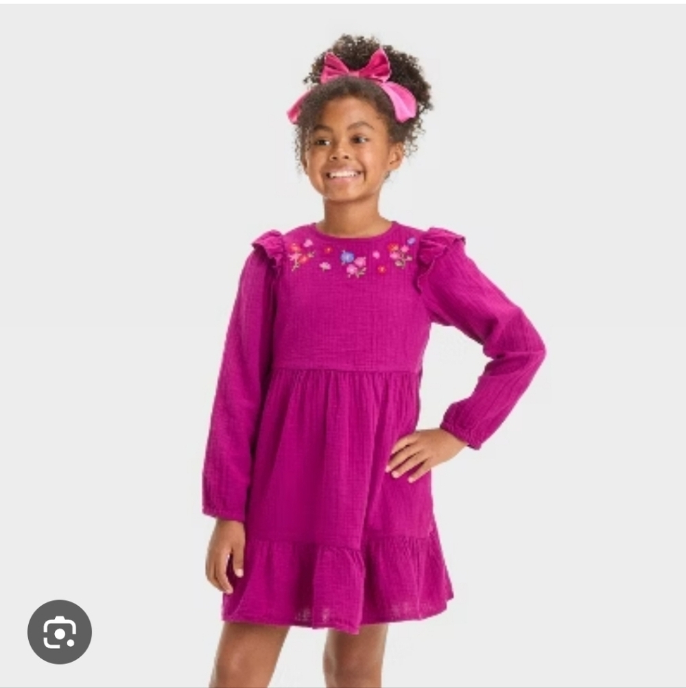 Cat & Jack Girls Long Sleeve Floral Embroidered Tiered Woven Magenta Dress Sz XL